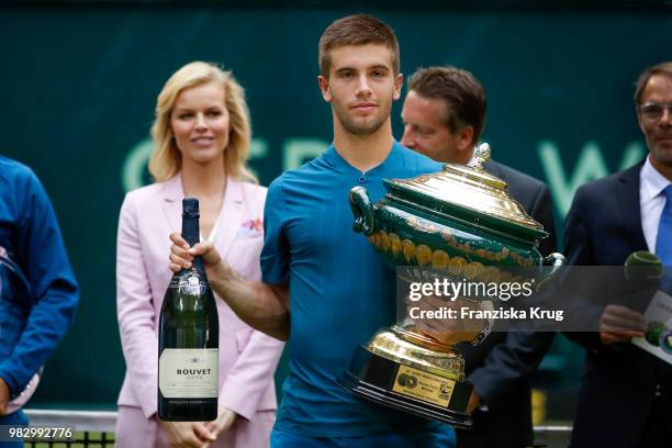 Gerry Weber testimonial international supermodel Eva Herzigova and tennis player Borna Coric of Croatia attend the Gerry Weber Open 2018 at Gerry...