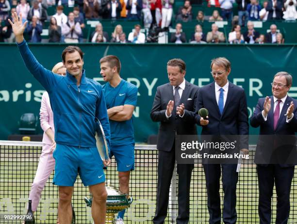 Tennis player Roger Federer waves during the Gerry Weber Open 2018 at Gerry Weber Stadium on June 24, 2018 in Halle, Germany.