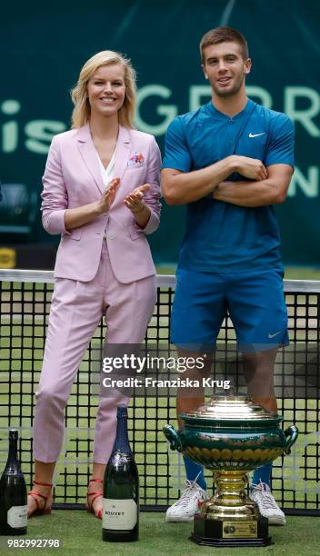 Gerry Weber testimonial international supermodel Eva Herzigova and tennis player Borna Coric of Croatia attend the Gerry Weber Open 2018 at Gerry...