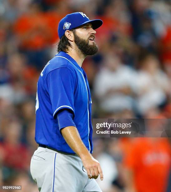 Jason Hammel of the Kansas City Royals reacts after giving up a grand slam home run to Yuli Gurriel of the Houston Astros in the second inning at...