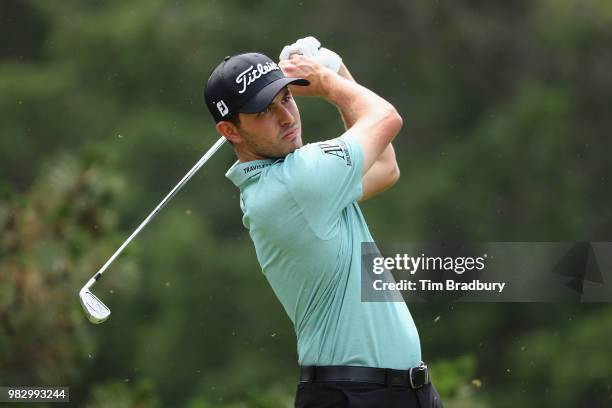 Patrick Cantlay of the United States plays his shot from the fifth tee during the final round of the Travelers Championship at TPC River Highlands on...