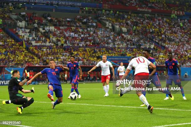Grzegorz Krychowiak of Poland shoots at goal during the 2018 FIFA World Cup Russia group H match between Poland and Colombia at Kazan Arena on June...