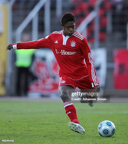 David Alaba of Bayern controls the ball during the 3rd League match FC Bayern Muenchen II vs FC Ingolstadt at Gruenwalder Stadion on April 6, 2010 in...