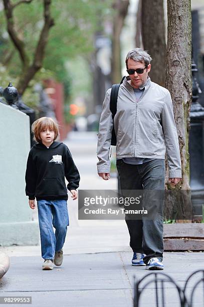 Actor Matthew Broderick walks his son James Wilkie Broderick to school in the West Village on April 06, 2010 in New York City.