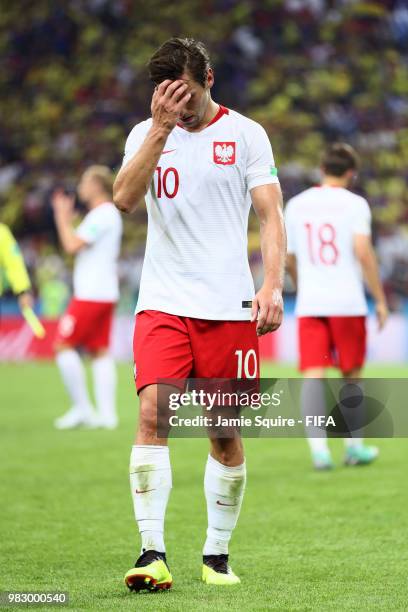 Grzegorz Krychowiak of Poland looks dejected following his sides defeat in the 2018 FIFA World Cup Russia group H match between Poland and Colombia...