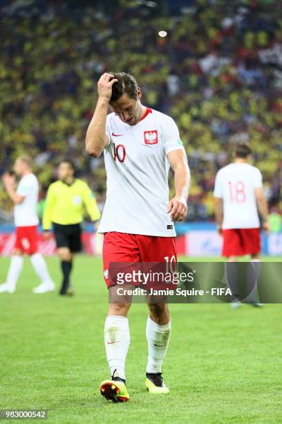 Grzegorz Krychowiak of Poland looks dejected following his sides defeat in the 2018 FIFA World Cup Russia group H match between Poland and Colombia...