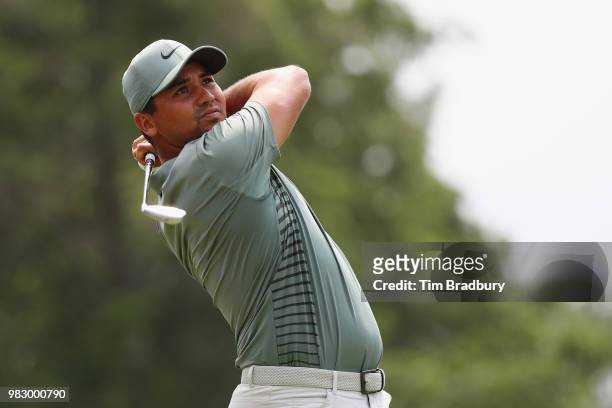 Jason Day of Australia plays his shot from the fifth tee during the final round of the Travelers Championship at TPC River Highlands on June 24, 2018...