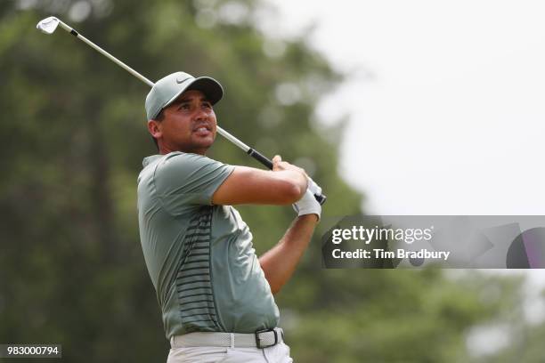 Jason Day of Australia plays his shot from the fifth tee during the final round of the Travelers Championship at TPC River Highlands on June 24, 2018...