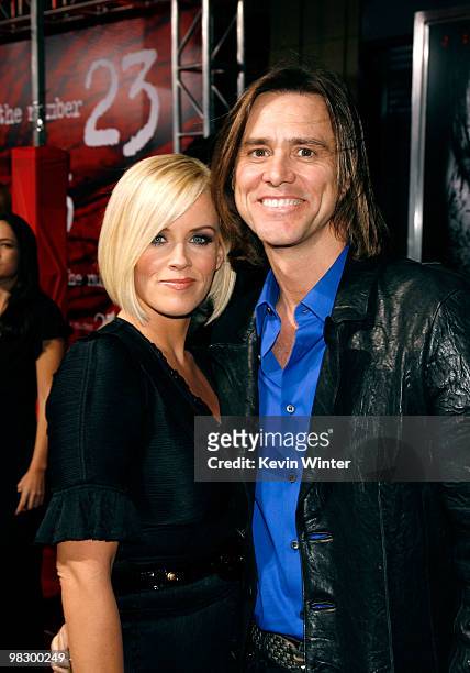 Actress Jenny McCarthy and actor Jim Carrey arrive to the Los Angeles premiere of "The Number 23" held at The Orpheum Theater on February 13, 2007 in...