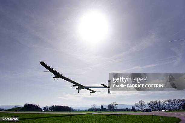 The Solar Impulse aircraft, a pioneering Swiss bid to fly around the world on solar energy takes off on its first test flight on April 7, 2010 from...
