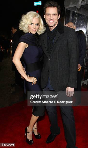 Actress Jenny McCarthy and actor Jim Carey arrive at the premiere of Warner Bros. Picture's "Yes Man" held at the Mann Village Theater on December...