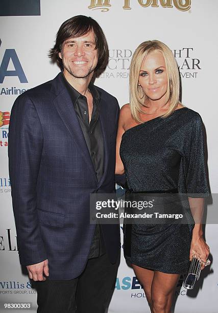 Jim Carrey and Jenny McCarthy attend the 4th annual Saturday Night Spectacular celebration at The Bank of America Tower on February 6, 2010 in Miami,...