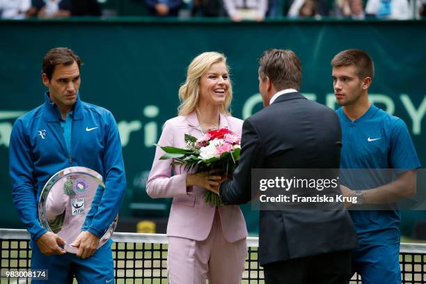 Tennis player Roger Federer, Gerry Weber testimonial international supermodel Eva Herzigova, Ralf Weber, CEO Gerry Weber, and tennis player Borna...