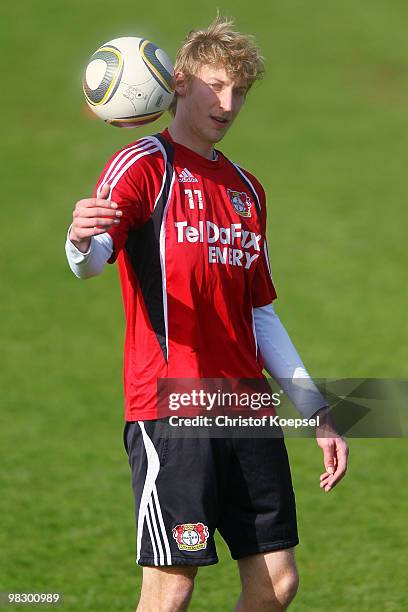 Stefan Kiessling of Leverkusen juggles with the ball during the training session of Bayer Leverkusen at the training ground on April 7, 2010 in...