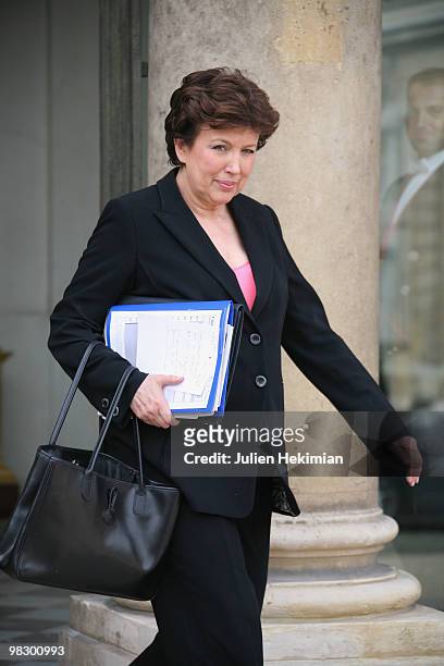 France's Minister for Health and Sports Roselyne Bachelot-Narquin leaves the Elysee presidential Palace on April 7, 2010 in Paris after the weekly...