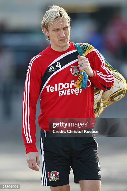 Sami Hyypiae of Leverkusen walks to the training session of Bayer Leverkusen at the training ground on April 7, 2010 in Leverkusen, Germany.