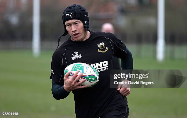 Bruce Reihana runs with the balll during the Northampton Saints training session held at Franklin's Gardens on April 7, 2010 in Northampton, England.