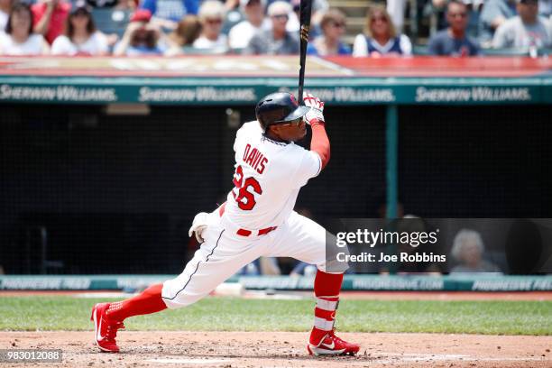 Rajai Davis of the Cleveland Indians singles to drive in a run in the second inning against the Detroit Tigers at Progressive Field on June 24, 2018...