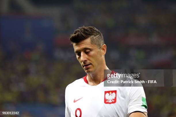 Robert Lewandowski of Poland looks dejected following his sides defeat in the 2018 FIFA World Cup Russia group H match between Poland and Colombia at...