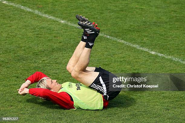 Sami Hyypiae of Leverkusen exercises during the training session of Bayer Leverkusen at the training ground on April 7, 2010 in Leverkusen, Germany.