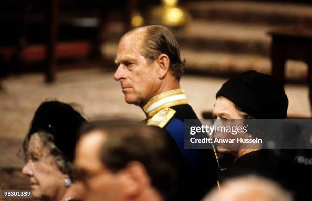 Queen Elizabeth ll and Prince Philip, Duke of Edinburgh attend the funeral of Lord Mountbatten in Westminster Abbey on September 5, 1979. In London,...