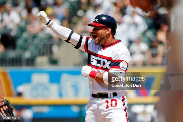 Yoan Moncada of the Chicago White Sox celebrates after hitting a 3-run RBI double against the Oakland Athletics during the sixth inning at Guaranteed...