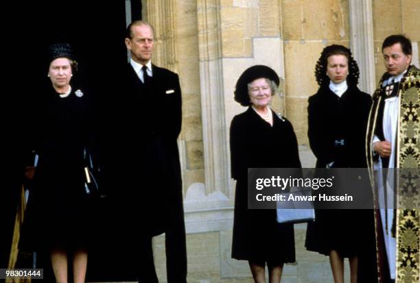 Queen Elizabeth ll, Prince Philip, Duke of Edinburgh, The Queen Mother and Princess Anne, Princess Royal attend the funeral of the Duchess of Windsor...