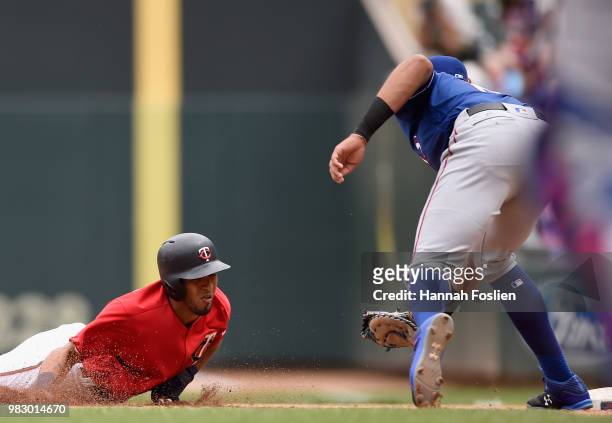 Eddie Rosario of the Minnesota Twins is caught off base by Ronald Guzman of the Texas Rangers during the fourth inning of the game on June 24, 2018...