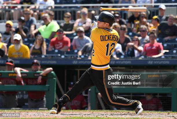 Corey Dickerson of the Pittsburgh Pirates loses his bat on a swing in the seventh inning during the game against the Arizona Diamondbacks at PNC Park...