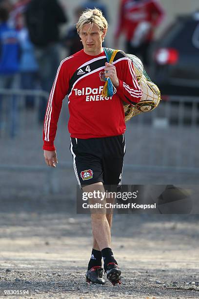 Sami Hyypiae of Leverkusen looks on before the training session of Bayer Leverkusen at the training ground on April 7, 2010 in Leverkusen, Germany.