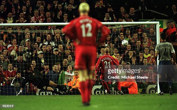 Gary McAllister of Liverpool scores the first goal with a penalty during the Liverpool v Barcelona UEFA Cup Semi Final, Second leg match at Anfield,...
