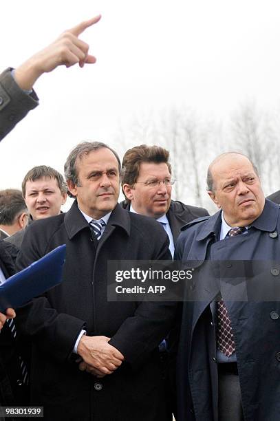 President Michel Platini and members of UEFA delegation inspect the construction site of the Lviv stadium in Lviv on April 7, 2010. Platini will be...