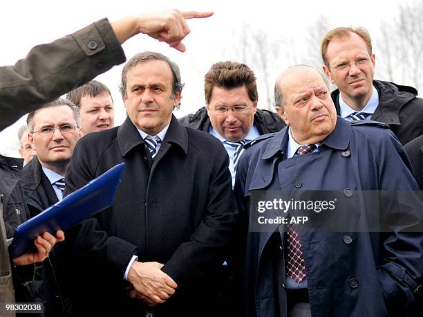 President Michel Platini and members of UEFA delegation inspect the construction site of the Lviv stadium in Lviv on April 7, 2010. Platini will be...