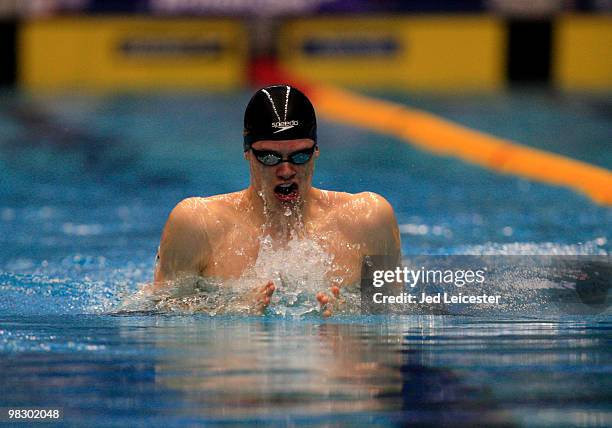 Richard Webb competes in the Men's 200m Breaststroke at the British Gas Swimming Championships event at Ponds Forge Pool on April 3, 2010 in...