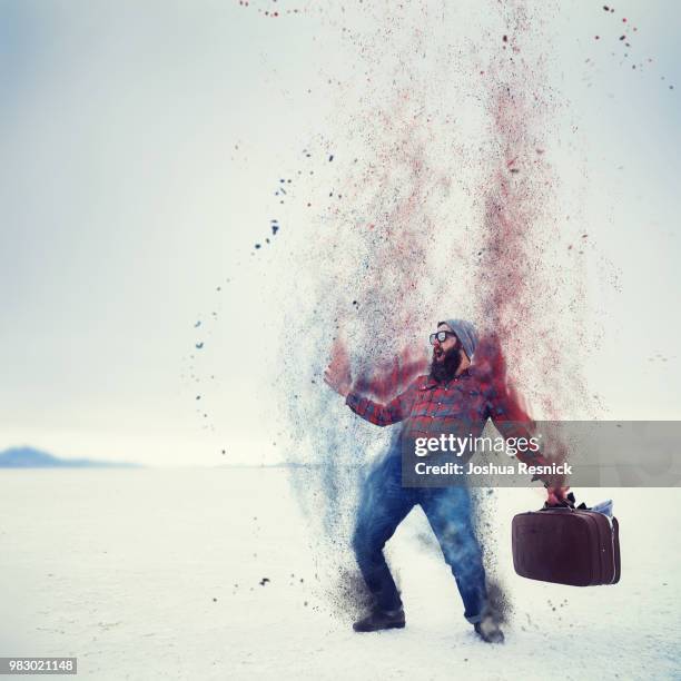 hipster with bear and suitcase turning into dust on the salt flats - bonneville salt flats 個照片及圖片檔