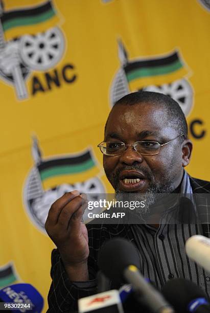 Secretary General, Gwede Mantashe gives a press conference on April 7, 2010 in Johannesburg to discuss ratial issues after the killing on April 4 of...