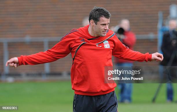 Jamie Carragher of Liverpool during a Liverpool FC training session at Melwood Training Ground, ahead of their UEFA Europa league quarter final...