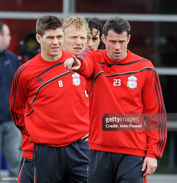 Steven Gerrard captain of Liverpool and Jamie Carragher during a Liverpool FC training session at Melwood Training Ground, ahead of their UEFA Europa...