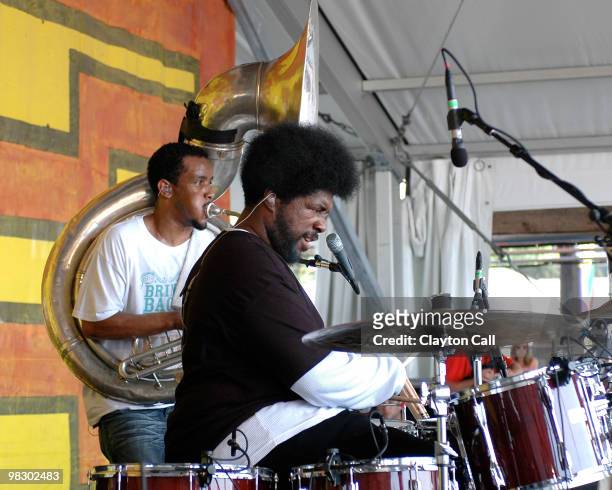 Tuba Gooding, Jr and Ahmir '?uestlove' Thompson performing with The Roots at the New Orleans Jazz & Heritage Festival on May 3, 2008.