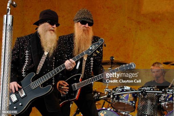 Dusty Hill, Billy Gibbons and Frank Beard of ZZ Top perform on stage at the New Orleans Jazz & Heritage Festival on May 4, 2007.