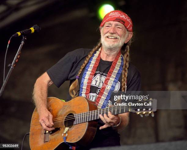 Willie Nelson performing at the New Orleans Jazz & Heritage Festival on April 23, 1999.