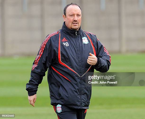 Rafael Benitez manager of Liverpool during a Liverpool FC training session at Melwood Training Ground, ahead of their UEFA Europa league quarter...