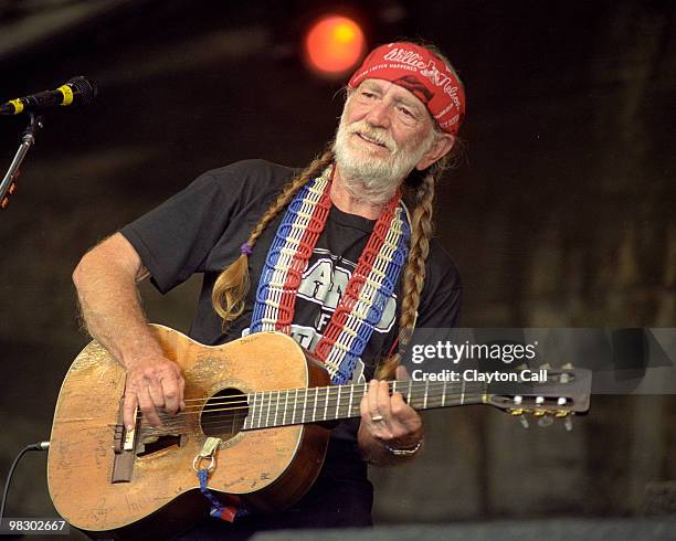 Willie Nelson performing at the New Orleans Jazz & Heritage Festival on April 23, 1999.