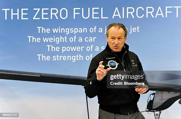 Andre Borschberg, co-founder of the Solar Impulse solar-powered airplane project, speaks at a news conference prior to the first flight of Solar...