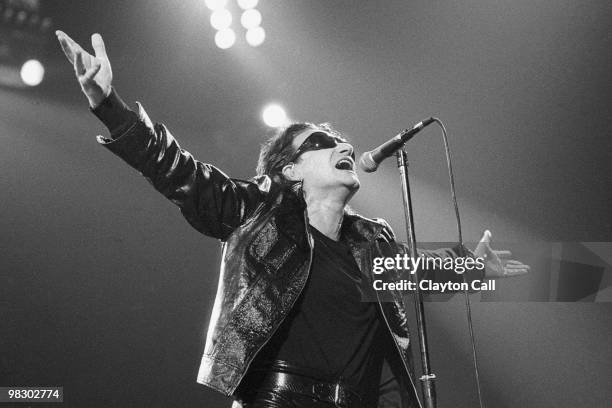 Bono of U2 performing at the Oakland Coliseum on April 17, 1992.