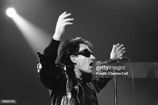 Bono of U2 performing at the Oakland Coliseum on April 17, 1992.