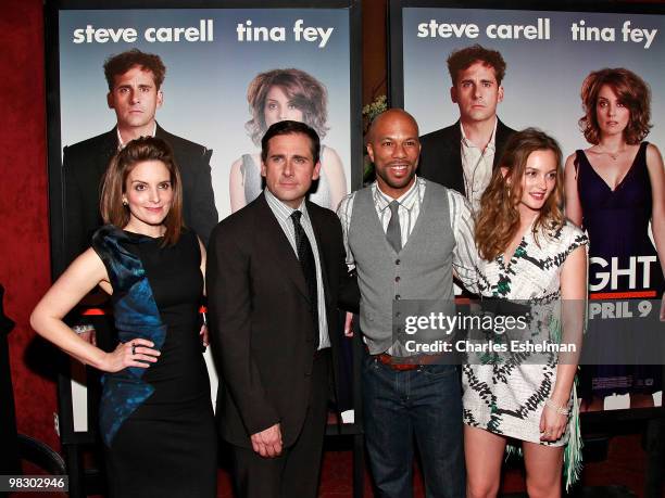 Actors Tina Fey, Steve Carell, Common and Leighton Meester attend the premiere of "Date Night" at Ziegfeld Theatre on April 6, 2010 in New York City.