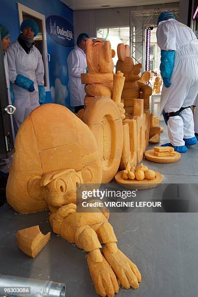 Four sculptors present on April 7, 2010 their cheese sculptures in Ostend in an attempt to break the world record during the first edition of the...