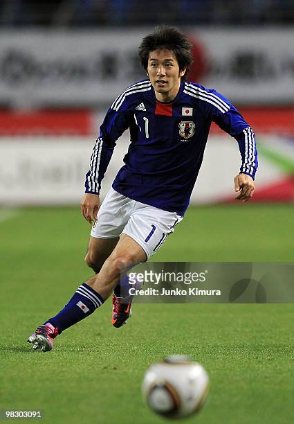 Keiji Tamada of Japan in action during the Kirin Challenge Cup match between Japan and Serbia at Nagai Stadium on April 7, 2010 in Osaka, Japan.