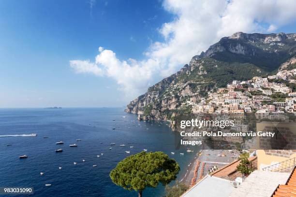 positano village and the blue mediterranean sea - pola damonte stock pictures, royalty-free photos & images